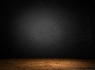 Empty wood table top on blur light gold bokeh of cafe restaurant in dark background