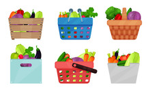 Vegetables In Containers Vector Illustrations Set. Harvest In Baskets And Boxes