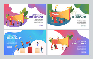 Wall Mural - announcing job illustration set. people working around megaphone, standing on winners podium. busine