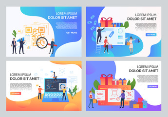 Ecommerce vector illustration set. People doing shopping, buying at sale, scanning QR code. Business concept. Vector illustration for landing pages, presentation slide templates