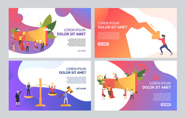 Poster - Job finding illustration set. People working around megaphone, standing on scale, dealing with crisis. Business concept. Vector illustration for topics like human resource or employment