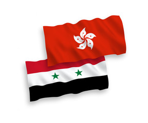 National vector fabric wave flags of Hong Kong and Syria isolated on white background. 1 to 2 proportion.