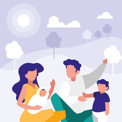 Sticker - couple of parents and children in park in the city, scene of people outdoor