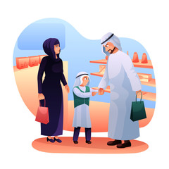 Wall Mural - Arab family shopping flat vector illustration