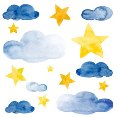 Wall Mural - night sky with yellow ink stars and clouds watercolor illustration set