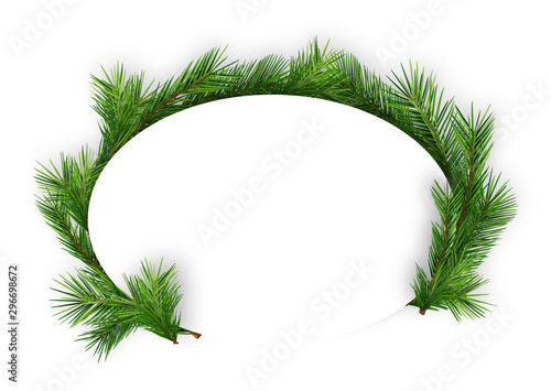 Christmas Oval Frame with Coniferous Twigs on White Background - Abstract  Il...