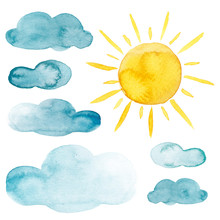 Yellow Sun And Blue Clouds Watercolor Illustration Weather Set