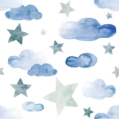 Wall Mural - Cloudy night sky with stars watercolor illustration pattern