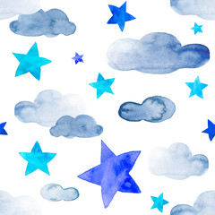 Wall Mural - Cloudy night sky with blue color stars watercolor illustration pattern