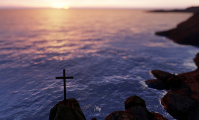 Wall Mural - Concept or conceptual religious christian cross standing on rock in the sea or ocean over blue water sunset. A background for faith, religion belief, Jesus Christ, spiritual church 3D illustration