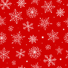 Festive Christmas Seamless Pattern With Hand Drawn Snowflakes On Red Background