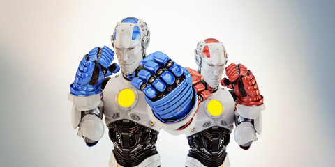 Two robotic boxers in rack stand, 3d rendering on light background