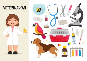 Vector character veterinarian. Illustrations of veterinarian equipment. Set of cartoon professions.