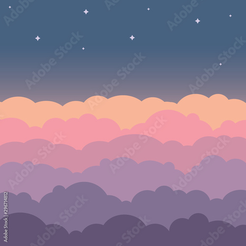 Cloud Sky Beautiful Cartoon Background Night Sky With Colorful Clouds Flat Poster Or Flyer Cloudscape Panorama Stock Vector Adobe Stock