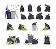Set of garbage items - plastic bags, rubbish and man flat vector illustration.