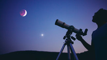 Astronomer With A Telescope Watching At The Stars And Moon. My Astronomy Work.