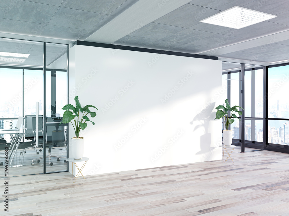 Blank wall in bright concrete office with large windows Mockup 3D rendering - obrazy, fototapety, plakaty 