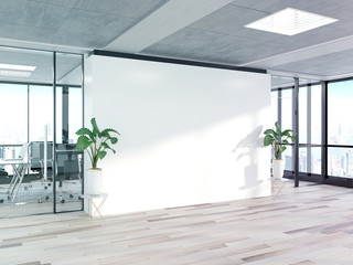 blank wall in bright concrete office with large windows mockup 3d rendering