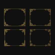 Set Of Hand Drawn Golden Vignette Frames. Vintage Ornate Wedding Borders. Vector Isolated Gold Classic Invitation Card.