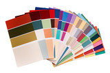 Fototapeta Tęcza - Color palette with various samples. Light background. Paint selection cards, close-up.