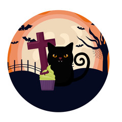 Sticker - scene of cat black with icons of halloween