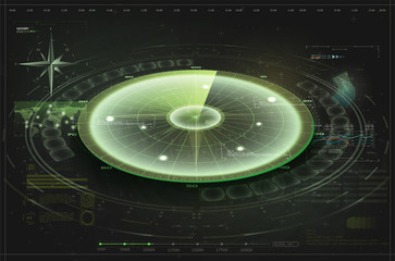 Poster - Futuristic radar screen, searching target. Air search. Military search system . Navigation interface wallpaper. Control Center HUD,Terrain view from satellite with futuristic digital interface. Radar