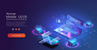 © ZinetroN - Programming and software development web page banner, program code on screen device. Software development coding process concept. Programming, testing cross platform code, app on phone, UI/UX