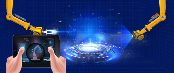 Fototapete - People connecting with a factory using smartphone and exchanging data with a neural network.Industry 4.0 monitoring app on a tablet and smart automated production.Robot arm in smart factory background