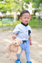 Little Asian Boy Playing With A Teddy Bear In The Park.