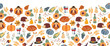 © StockArtRoom - Thanksgiving seamless vector border. Autumn food roast turkey corn wine pumpkin family dinner greeting card repeating pattern design. Harvest festival. Fall party invitation banner. Happy Thanksgiving