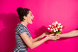 © deagreez - Profile side photo of astonished girl at copyspace receive bunch tulips present for 8-march 14-february scream wow feel impressed it was unexpected wear trendy clothes isolated pink color background
