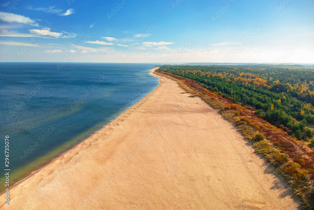 Aerial landscape of the beautiful beach of Baltic Sea in Gdansk, Poland - obrazy, fototapety, plakaty 