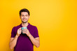© deagreez - Portrait of his he nice attractive dreamy peaceful guy smelling good espresso morning aroma isolated over bright vivid shine vibrant yellow color background