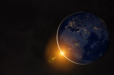 Wall Mural - View of planet Earth at night with cities lights on Europe and Africa 3D rendering elements of this image furnished by NASA