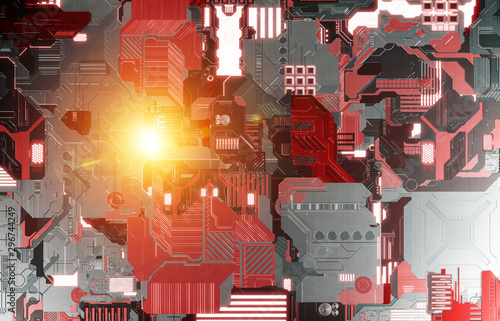 Futuristic red and orange tech panel background with lots of details