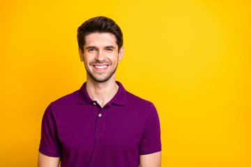 Poster - Close-up portrait of his he nice attractive cheery cheerful guy wearing lilac shirt isolated over bright vivid shine vibrant yellow color background