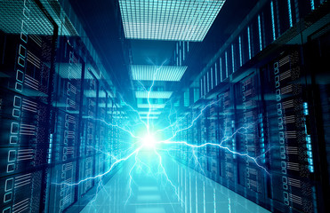 Wall Mural - Electricity lightning in servers data center room storage systems 3D rendering