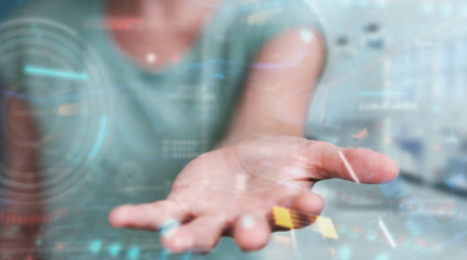 Aufkleber - Woman using digital technological interface with datas 3D rendering