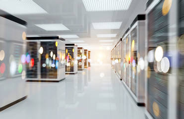 Canvas Print - Servers data center room with bright bokeh light going through the corridor 3D rendering