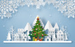 © NuTz - Origami paper art of Christmas tree in the village with the mountain, Merry Christmas and Happy New Year