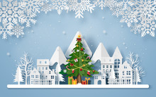 Origami Paper Art Of Christmas Tree In The Village With The Mountain, Merry Christmas And Happy New Year