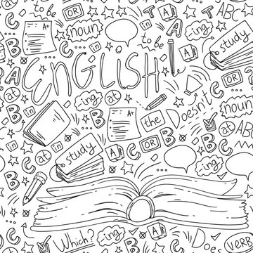 language school for adult and kids. seamless pattern with icons about english learning.