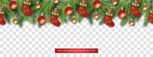 Seamless Christmas Tree Branch Top Border With Gift Stockings And Baubles