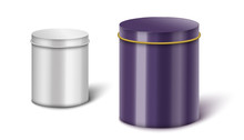 Metal Cylinder Box Mockup Set - Big And Small Silver And Purple Steel Containers