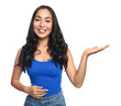 © Pixel-Shot - Beautiful Asian woman showing something on white background