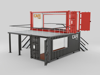 Wall Mural - Converted old shipping container into cafe, 3d Illustration isolated gray