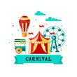 © Natalia - Amusment park with circus tent, carousel, ferris whell, air ballon, mobile kiosk. Great for carnival, theme park, circus, funfair. Vector illustration for invites, poster, ticket.