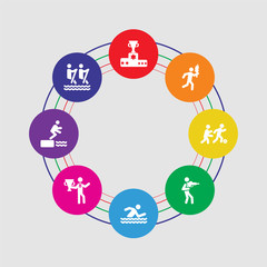 8 colorful round icons set included canoe, water sport, winner, swimmer, shoot, football, torch, podium