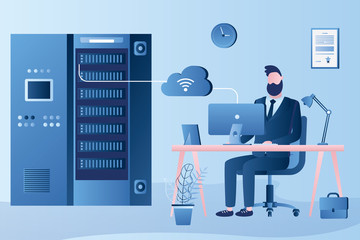 Handsome system administrator online monitors the operation of servers.