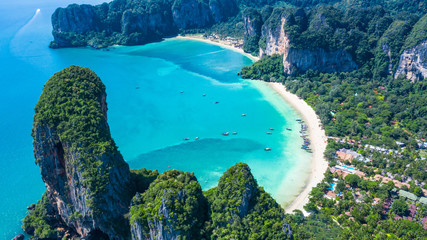 Wall Mural - Aerial view Railay Beach and Phra Nang Cave Beach in beautiful bay in Krabi province, tropical coast with paradise beache, Krabi, Thailand.